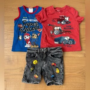 H&M Black Acid-Wash Shorts with Red and Blue Tee Accents
